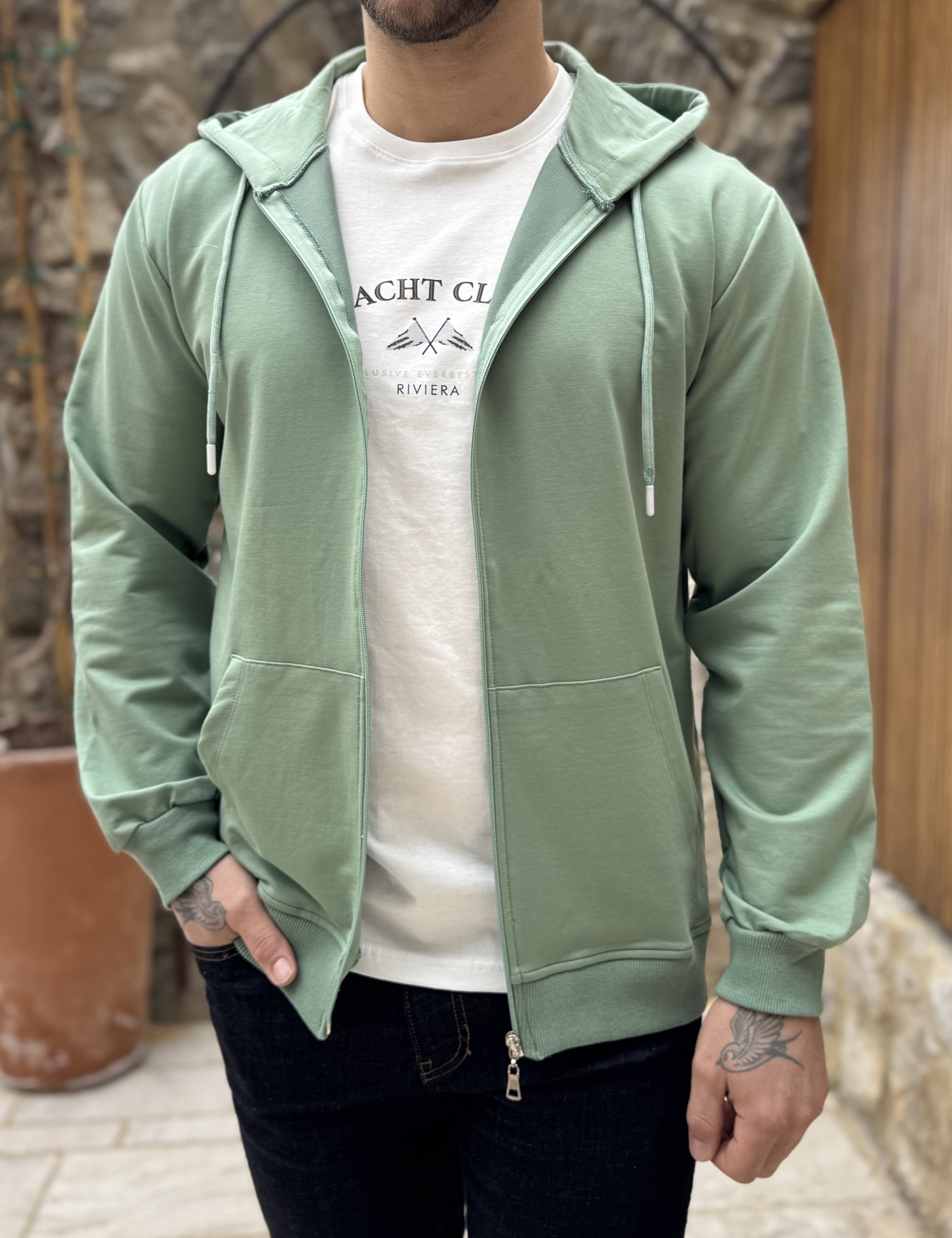 Ανδρική μέντα βαμβακερή ζακέτα με κουκούλα KEF2630M